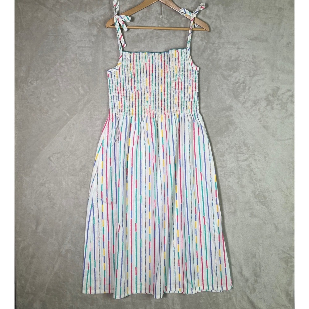 Vintage Long Tall Sally Colorful Stripe Smocked Maxi Sundress Tie Shoulder Tall